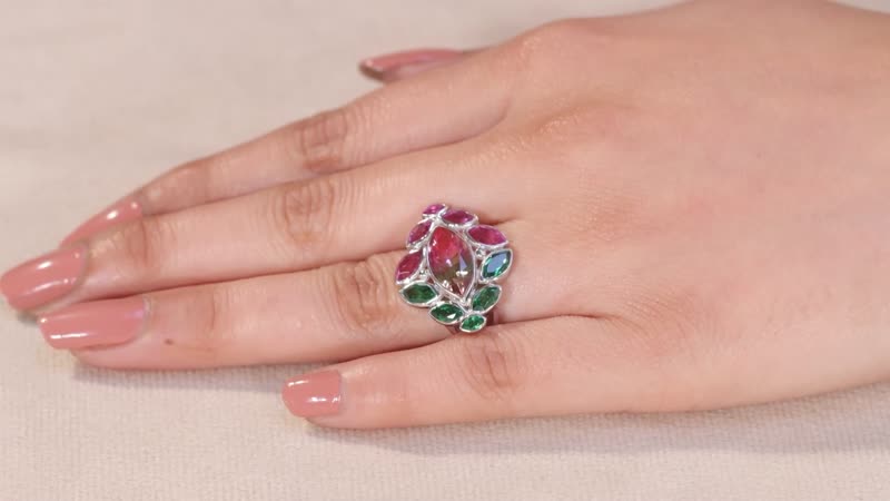 Sajen Silver Celestial Bi-Color Watermelon Tourmaline Doublet Quartz 7.40 ctw Ring in Rhodium Over Sterling Silver (Size 10.0)