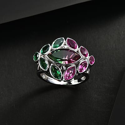 Sajen Silver Celestial Bi-Color Watermelon Tourmaline Doublet Quartz 7.40 ctw Ring in Rhodium Over Sterling Silver (Size 10.0)