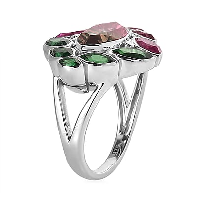 Sajen Silver Celestial Bi-Color Watermelon Tourmaline Doublet Quartz 7.40 ctw Ring in Rhodium Over Sterling Silver (Size 10.0)