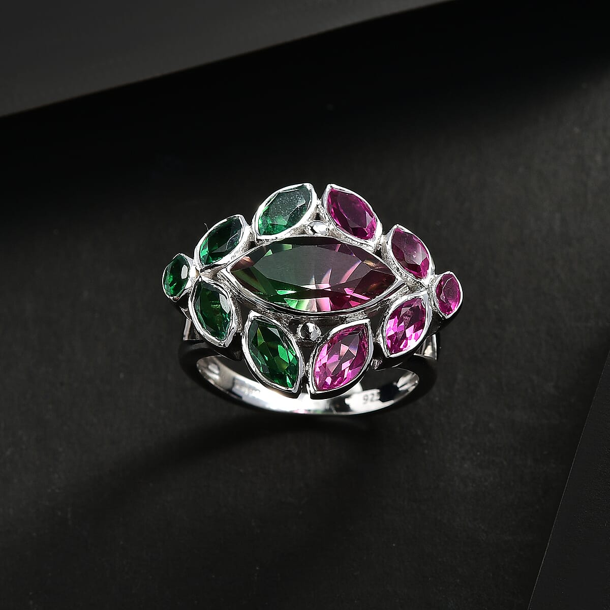 Sajen Silver Celestial Bi-Color Watermelon Tourmaline Doublet Quartz 7.40 ctw Ring in Rhodium Over Sterling Silver (Size 7.0) image number 1