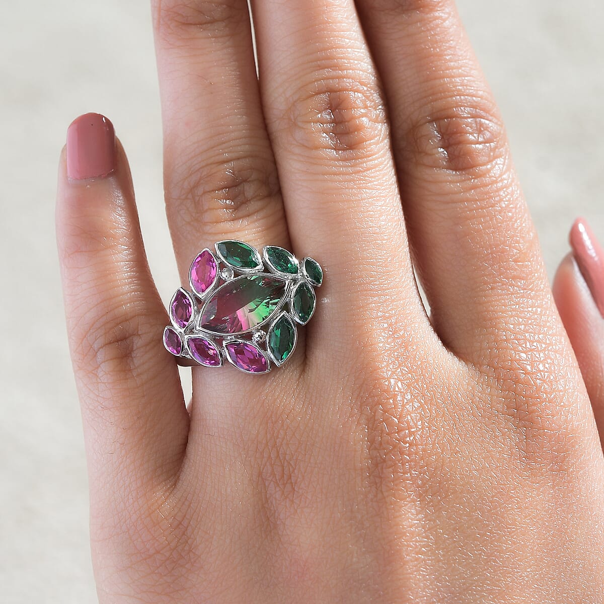 Sajen Silver Celestial Bi-Color Watermelon Tourmaline Doublet Quartz 7.40 ctw Ring in Rhodium Over Sterling Silver (Size 7.0) image number 2