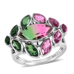Sajen Silver Celestial Bi-Color Watermelon Tourmaline Doublet Quartz 7.40 ctw Ring in Rhodium Over Sterling Silver (Size 8.0)