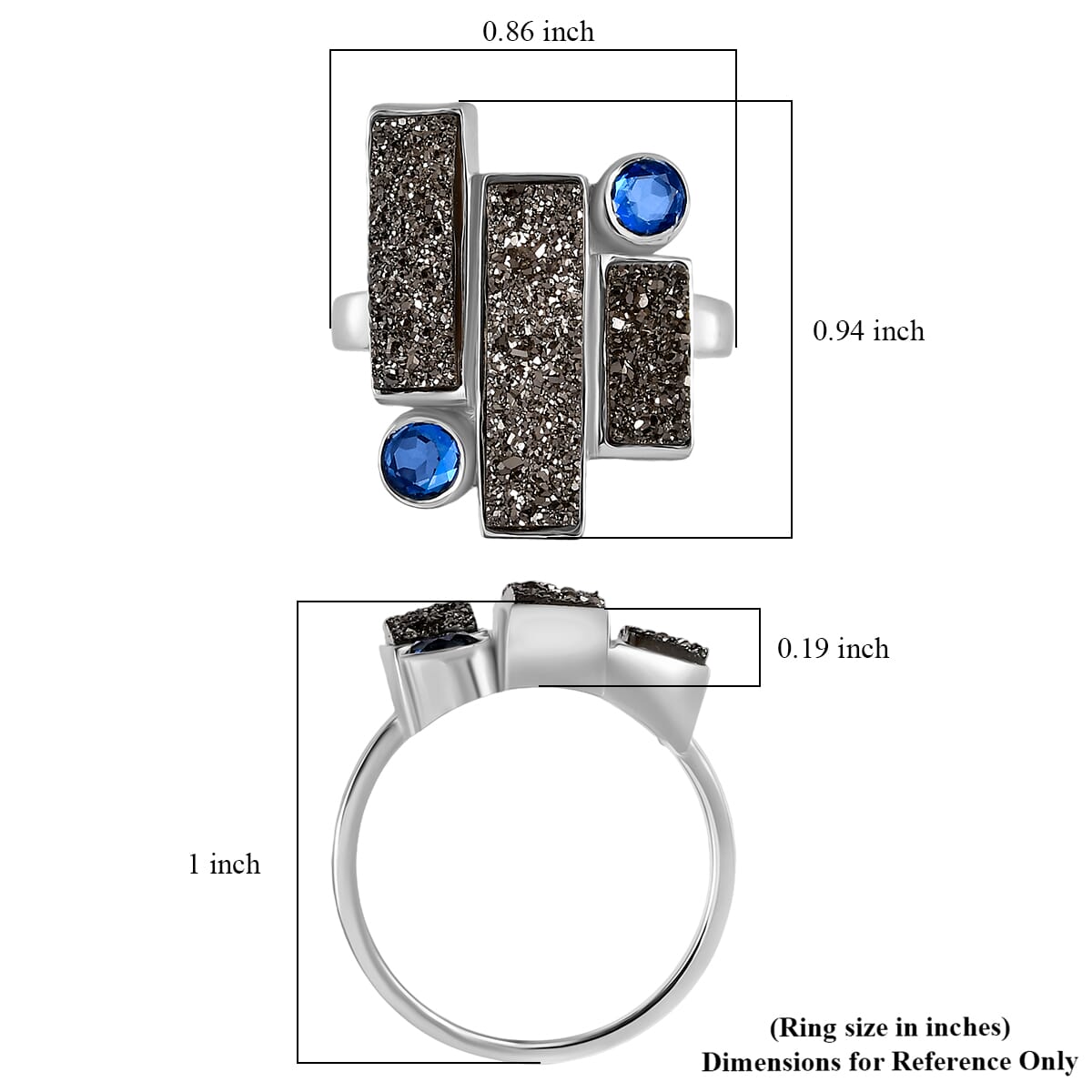 Sajen Silver Black Diamond Flat Drusy Quartz and Rainbow Iriss Doublet Quartz 6.15 ctw Ring in Rhodium Over Sterling Silver (Size 9.0) image number 5