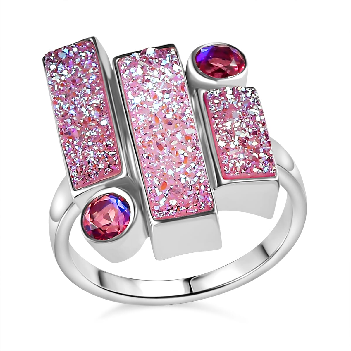 Sajen Silver Golden Dream Pink Flat Drusy Quartz and Pink Rainbow Doublet Quartz 5.75 ctw Ring in Rhodium Over Sterling Silver (Size 7.0) image number 0