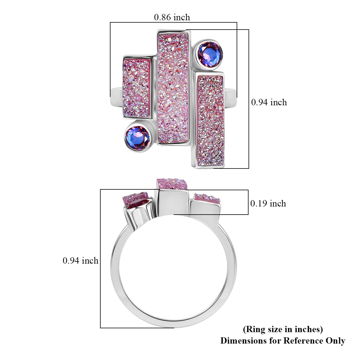Sajen Silver Golden Dream Pink Flat Drusy Quartz and Pink Rainbow Doublet Quartz 5.75 ctw Ring in Rhodium Over Sterling Silver (Size 7.0) image number 5
