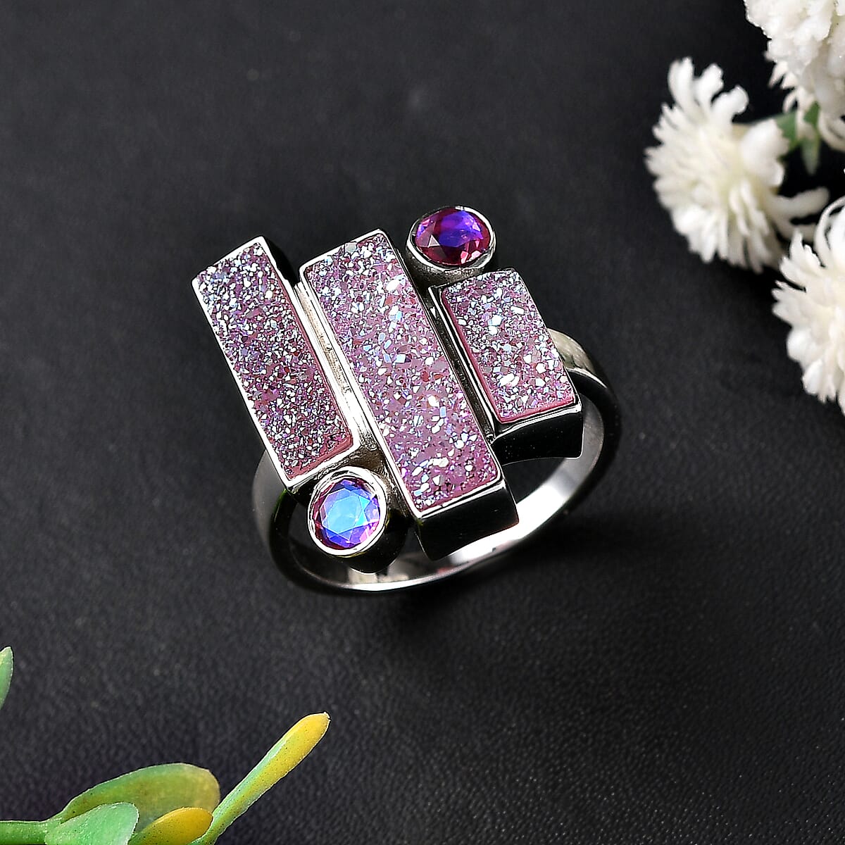 Sajen Silver Golden Dream Pink Flat Drusy Quartz and Pink Rainbow Doublet Quartz 5.75 ctw Ring in Rhodium Over Sterling Silver (Size 9.0) image number 1