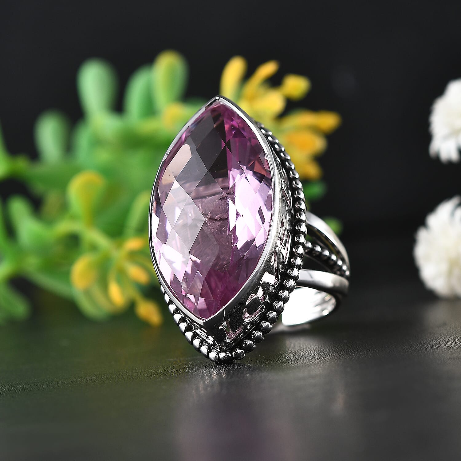 Sajen Silver Celestial Doublet Kunzite Quartz 18.50 ctw Ring in Rhodium Over Sterling Silver (Size 6.0)