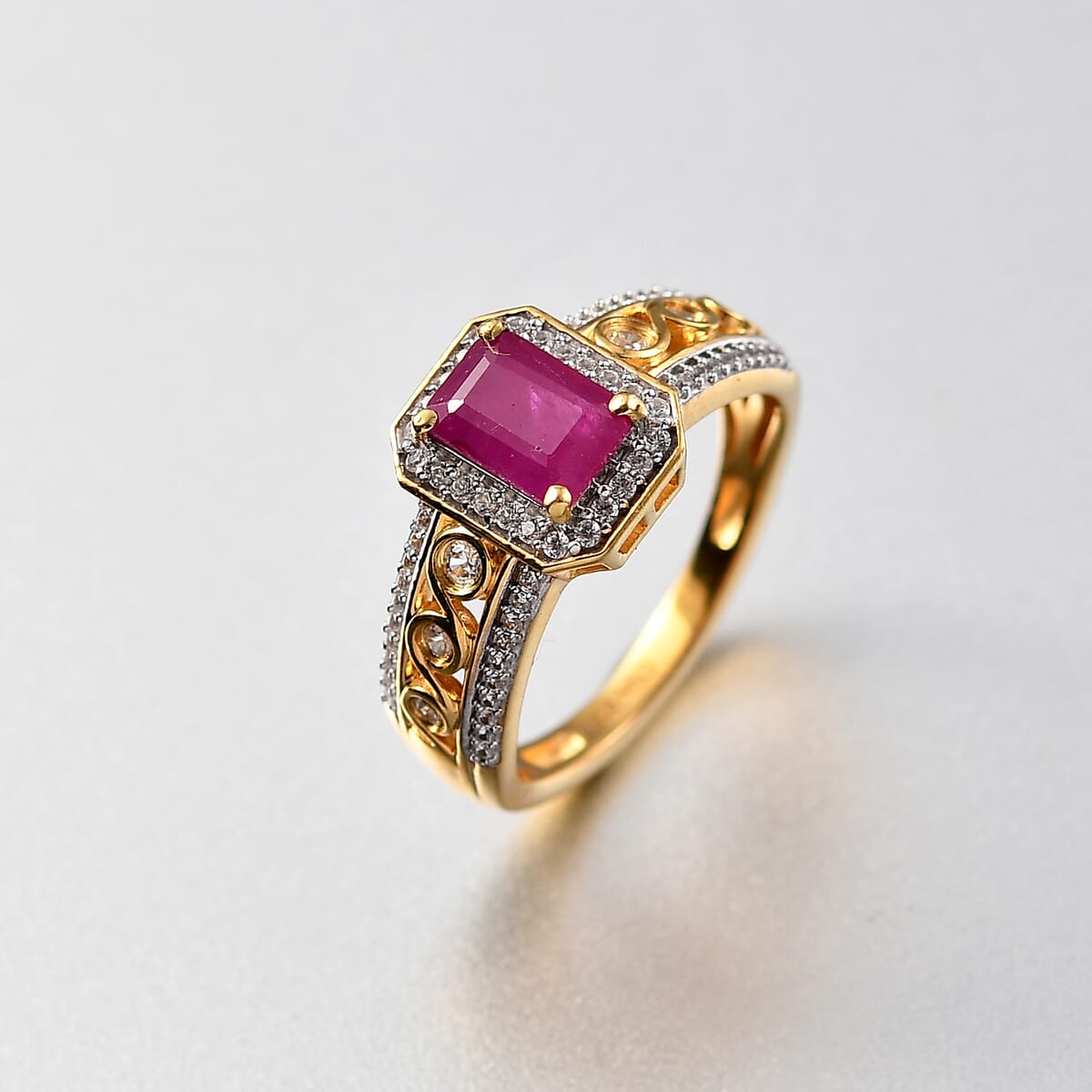 D'Joy AAA Royal Ruby and White Zircon 1.90 ctw Halo Ring in Rhodium and 18K Vermeil Yellow Gold Over Sterling Silver (Size 6.0) image number 1