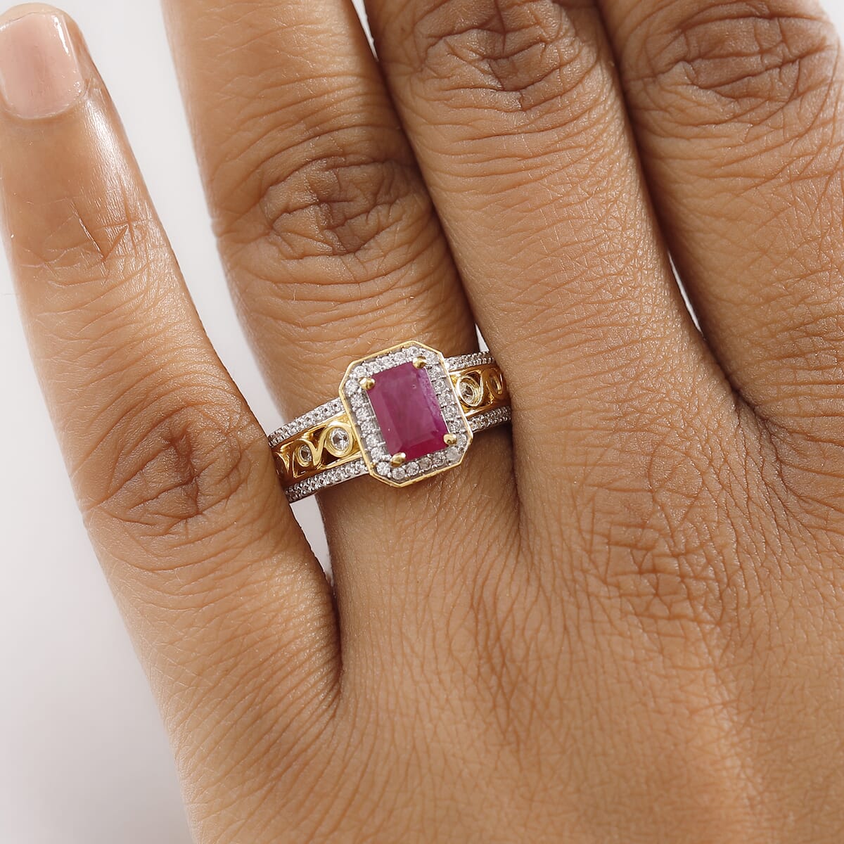 D'Joy AAA Royal Ruby and White Zircon 1.90 ctw Halo Ring in Rhodium and 18K Vermeil Yellow Gold Over Sterling Silver (Size 6.0) image number 2