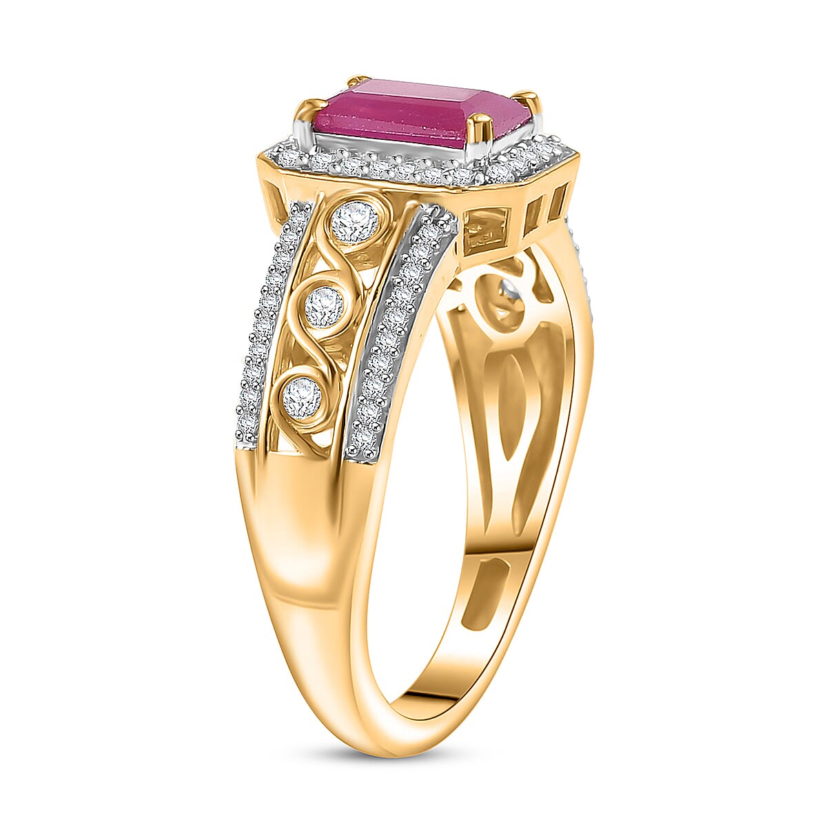 D'Joy AAA Royal Ruby and White Zircon 1.90 ctw Halo Ring in Rhodium and 18K Vermeil Yellow Gold Over Sterling Silver (Size 6.0)
