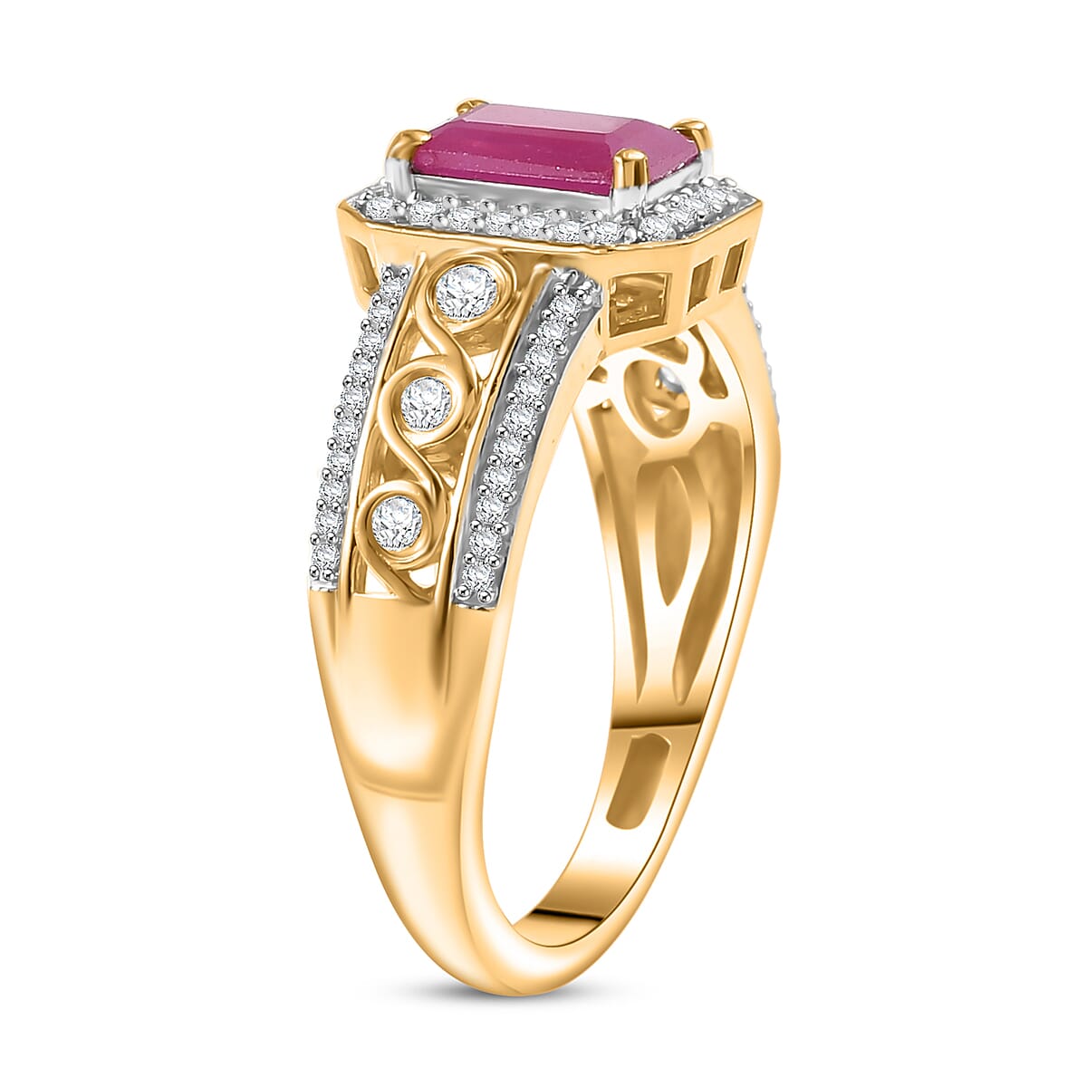 D'Joy AAA Royal Ruby and White Zircon 1.90 ctw Halo Ring in Rhodium and 18K Vermeil Yellow Gold Over Sterling Silver (Size 6.0) image number 3