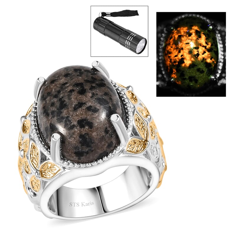 Karis Natural Yooperlite Baroque Majesty Ring in 18K YG Plated and Platinum Bond with Free UV Flash Light (Size 5.0) 12.50 ctw
