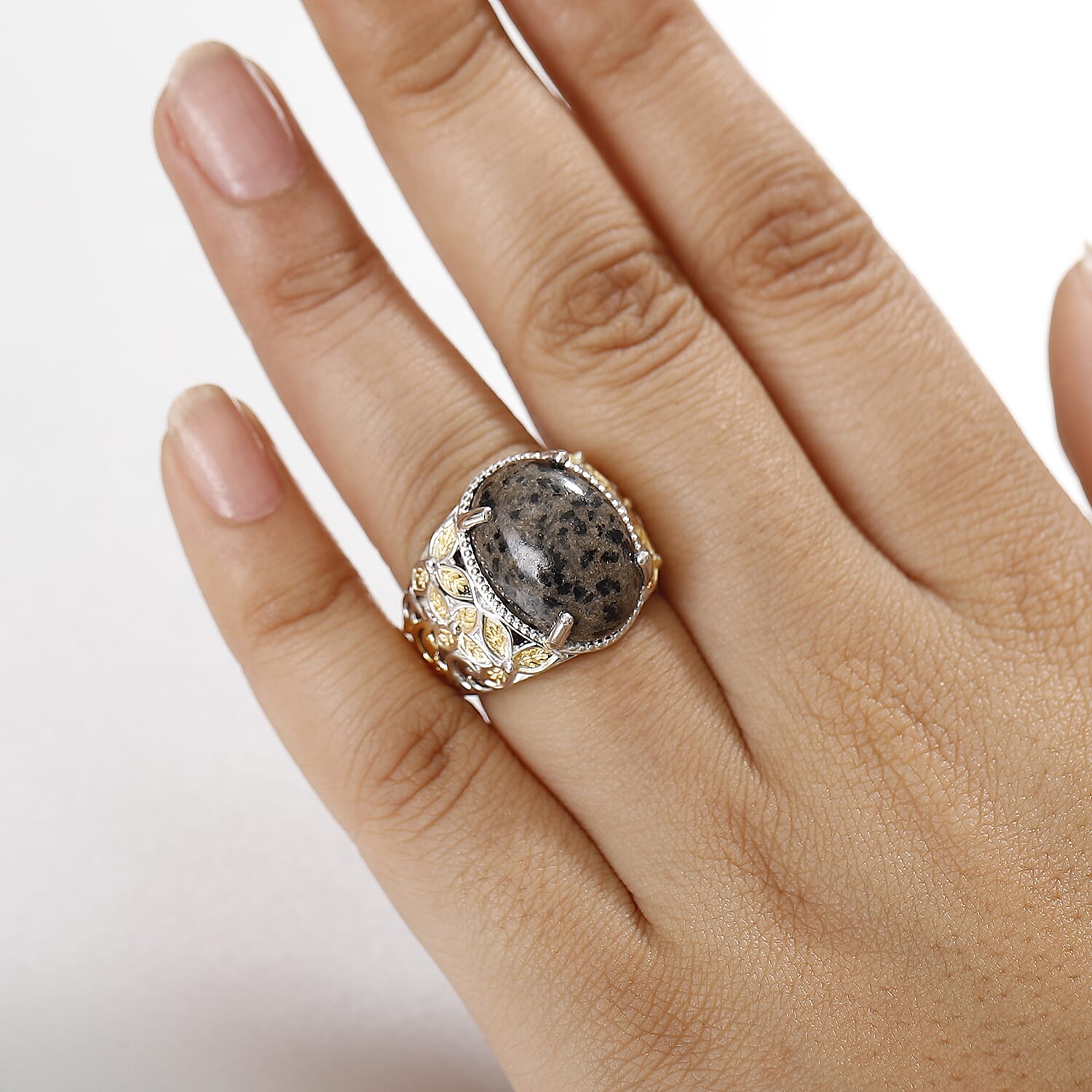 Karis Natural Yooperlite Baroque Majesty Ring in 18K YG Plated and Platinum Bond with Free UV Flash Light (Size 5.0) 12.50 ctw