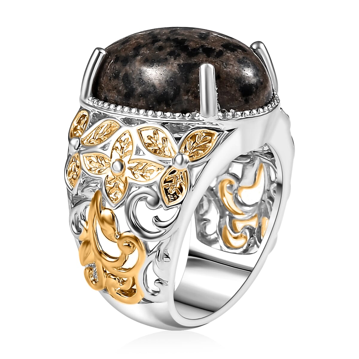 Karis Natural Yooperlite 12.50 ctw Baroque Majesty Ring in 18K YG Plated and Platinum Bond with Free UV Flash Light (Size 7.0) image number 3