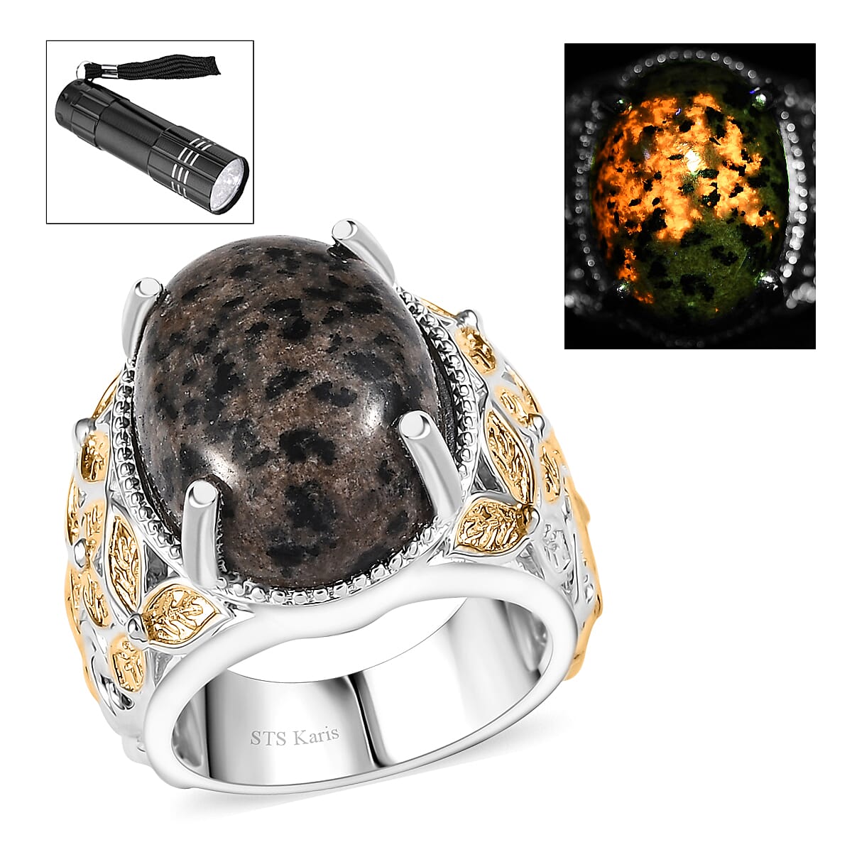 Karis Natural Yooperlite 12.50 ctw Baroque Majesty Ring in 18K YG Plated and Platinum Bond with Free UV Flash Light (Size 9.0) image number 0