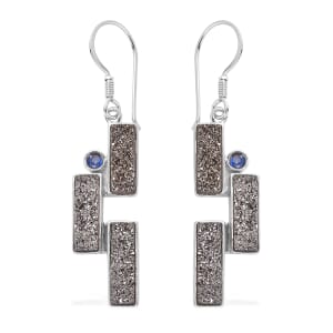 Sajen Silver Black Diamond Flat Drusy Quartz and Rainbow Iriss Doublet Quartz 10.15 ctw Earrings in Rhodium Over Sterling Silver