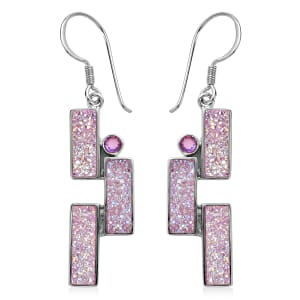 Sajen Silver Golden Dream Pink Flat Drusy Quartz and Pink Rainbow Doublet Quartz 11.00 ctw Earrings in Rhodium Over Sterling Silver