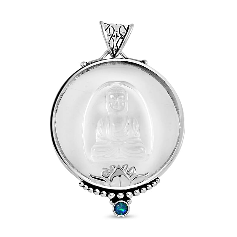 Sajen Silver Natural Crystal and Green Doublet Opal Quartz 60.90 ctw Pendant without Chain in Rhodium Over Sterling Silver