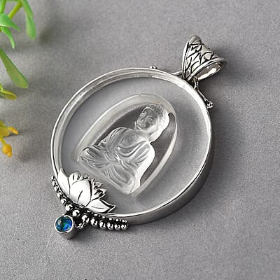 Sajen Silver Natural Crystal and Green Doublet Opal Quartz 60.90 ctw Pendant without Chain in Rhodium Over Sterling Silver