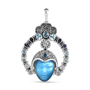 Sajen Silver Constituted Amethyst Carved and Multi Gemstone 28.70 ctw Pendant without Chain in Rhodium Over Sterling Silver