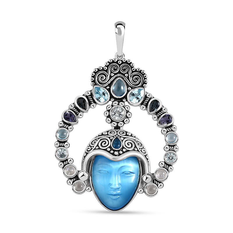 Sajen Silver Constituted Amethyst Carved and Multi Gemstone 28.70 ctw Pendant without Chain in Rhodium Over Sterling Silver