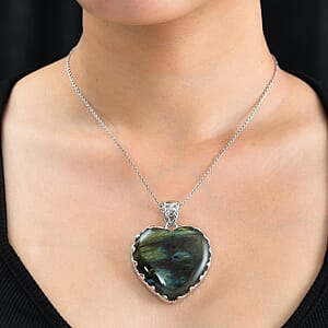 Sajen Silver Natural Labradorite 158.00 ctw Heart Pendant without Chain in Rhodium Over Sterling Silver