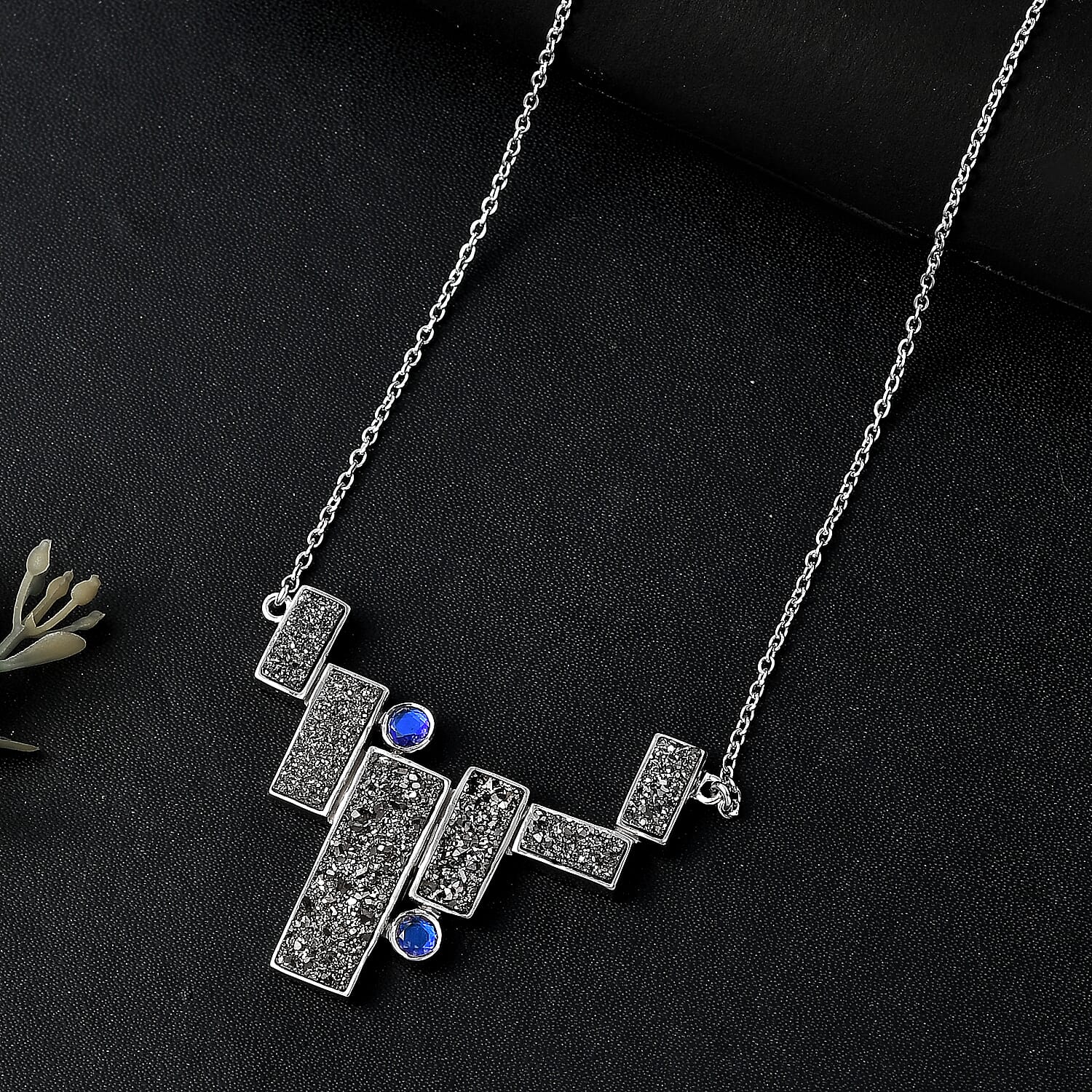 Sajen Silver Black Diamond Flat Drusy Quartz and Rainbow Iriss Doublet Quartz 13.40 ctw Necklace in Rhodium Over Sterling Silver 18 Inches