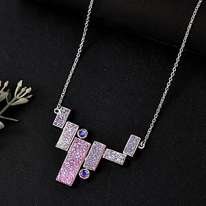 Sajen Silver Golden Dream Pink Flat Drusy Quartz and Pink Rainbow Doublet Quartz 13.50 ctw Necklace in Rhodium Over Sterling Silver 18 Inches