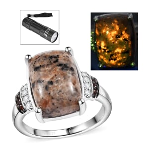 Natural Yooperlite and Multi Gemstone 7.00 ctw Ring in Rhodium Over Sterling Silver (Size 10.0) with Free UV Flash Light