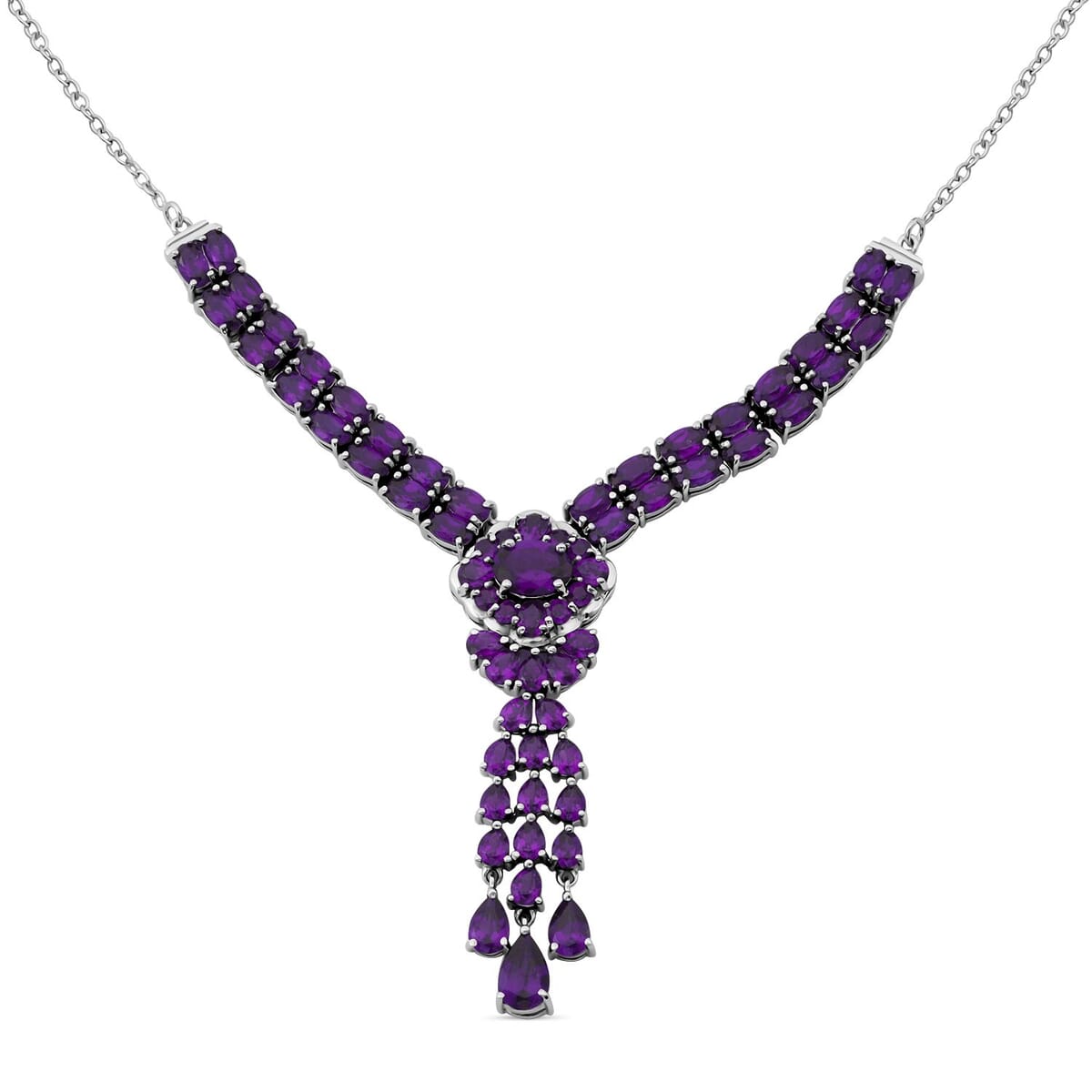 African Amethyst 20.35 ctw Floral Chandelier Necklace in Rhodium Over Sterling Silver 18 Inches image number 0