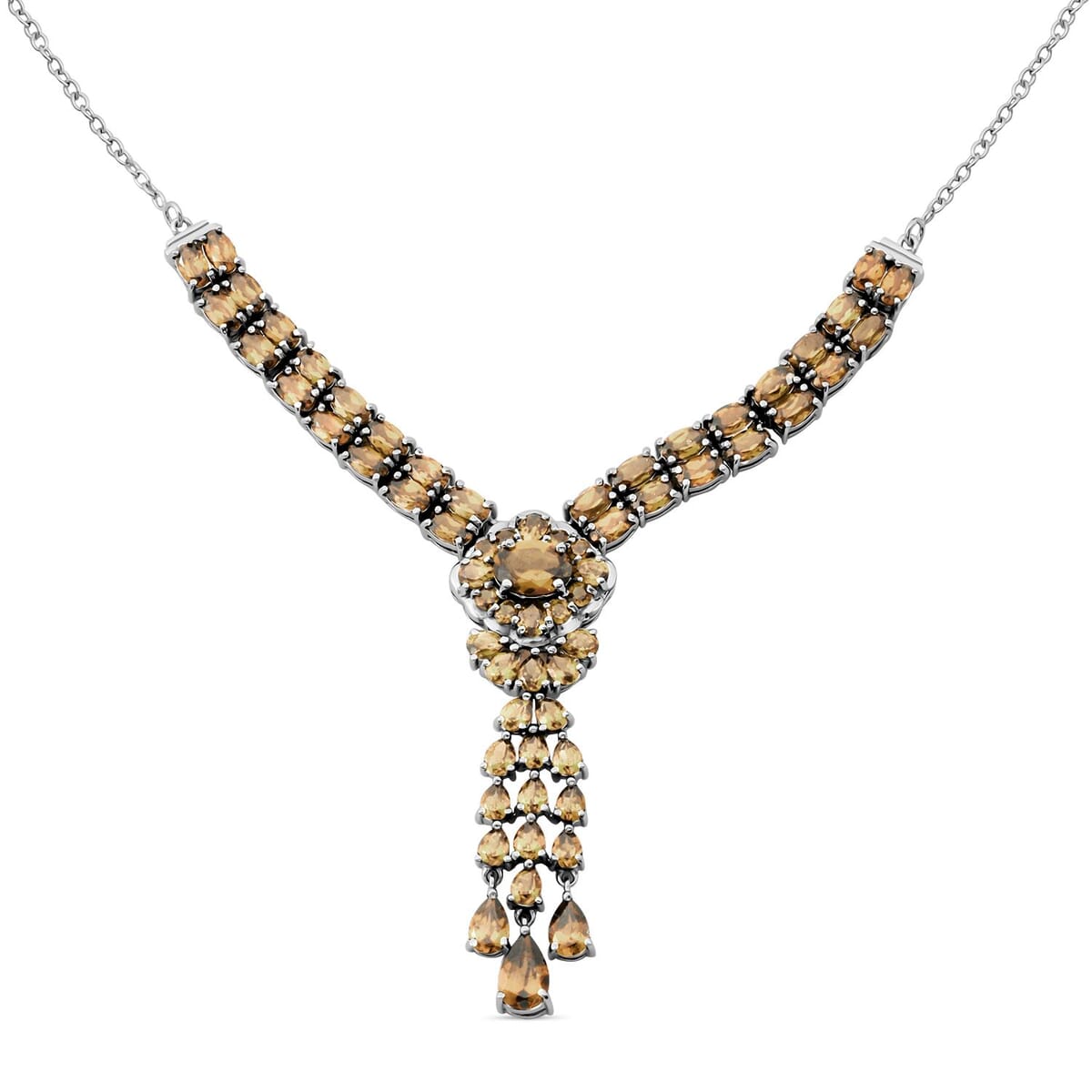 Brazilian Citrine 13.70 ctw Floral Chandelier Necklace in Rhodium Over Sterling Silver 18 Inches image number 0