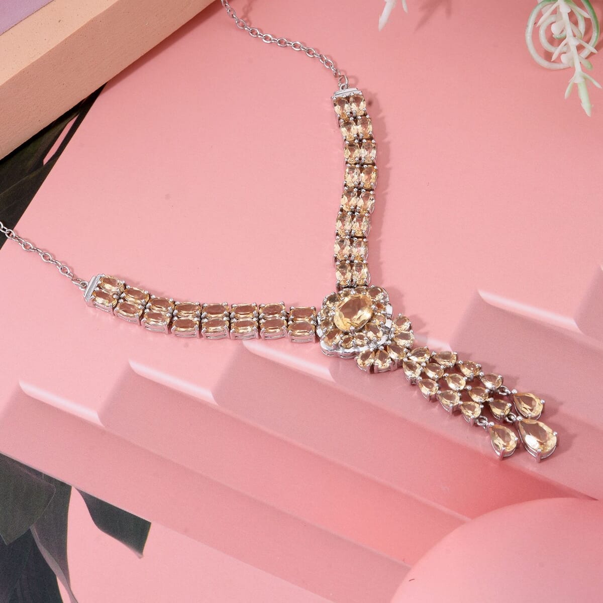 Brazilian Citrine 13.70 ctw Floral Chandelier Necklace in Rhodium Over Sterling Silver 18 Inches image number 1