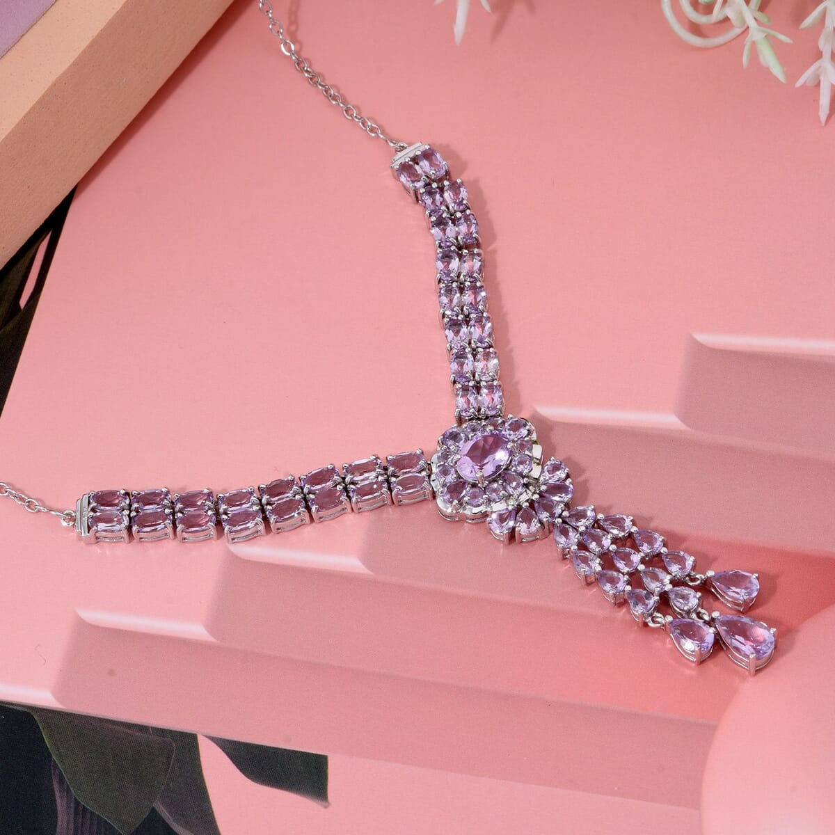Rose De France Amethyst 14.30 ctw Floral Chandelier Necklace in Rhodium Over Sterling Silver 18 Inches image number 1