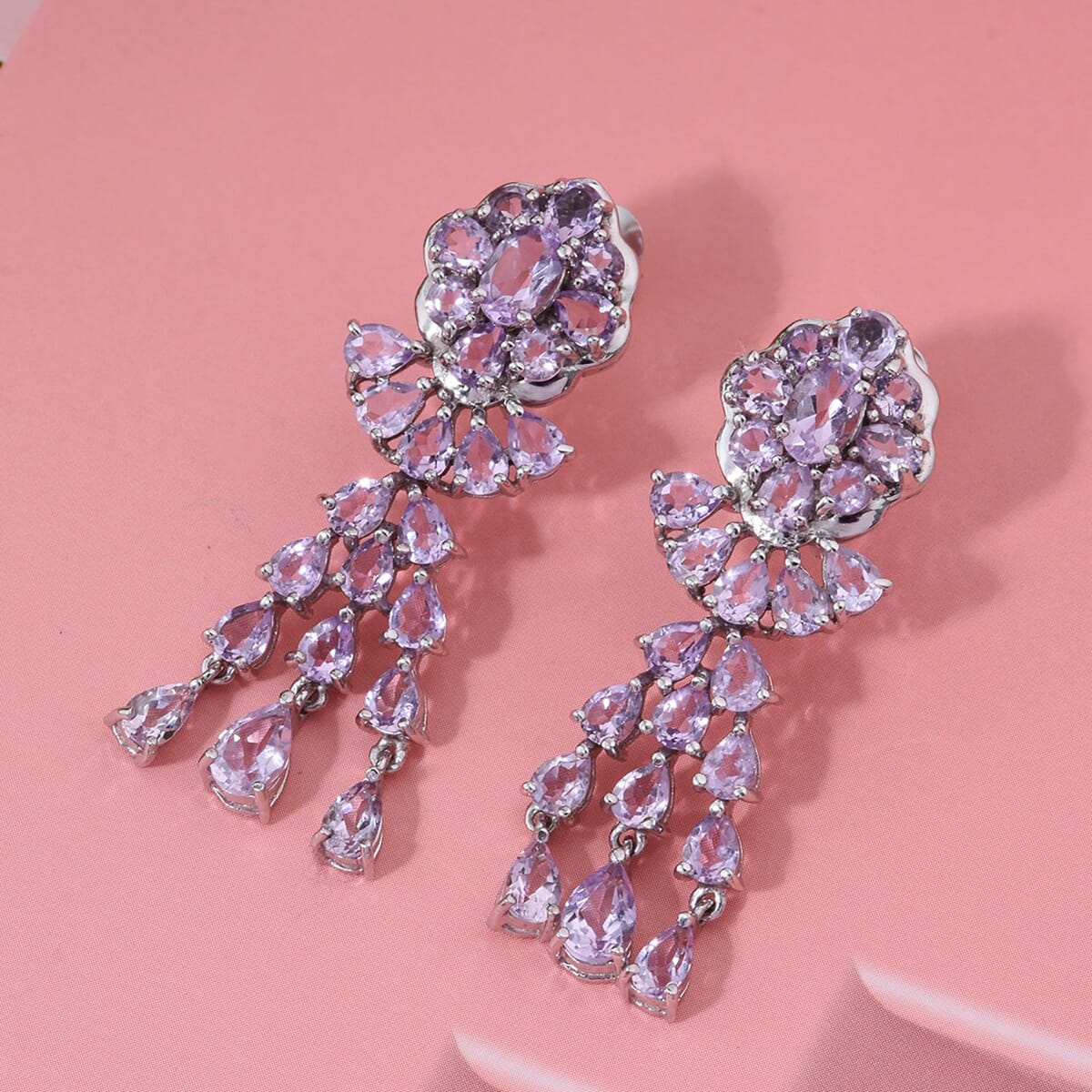 Rose De France Amethyst 8.70 ctw Floral Chandelier Earrings in Rhodium Over Sterling Silver image number 1