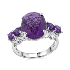 Honeycomb Cut African Amethyst and White Zircon 11.40 ctw Baroque Ring in Rhodium Over Sterling Silver (Size 10.0)