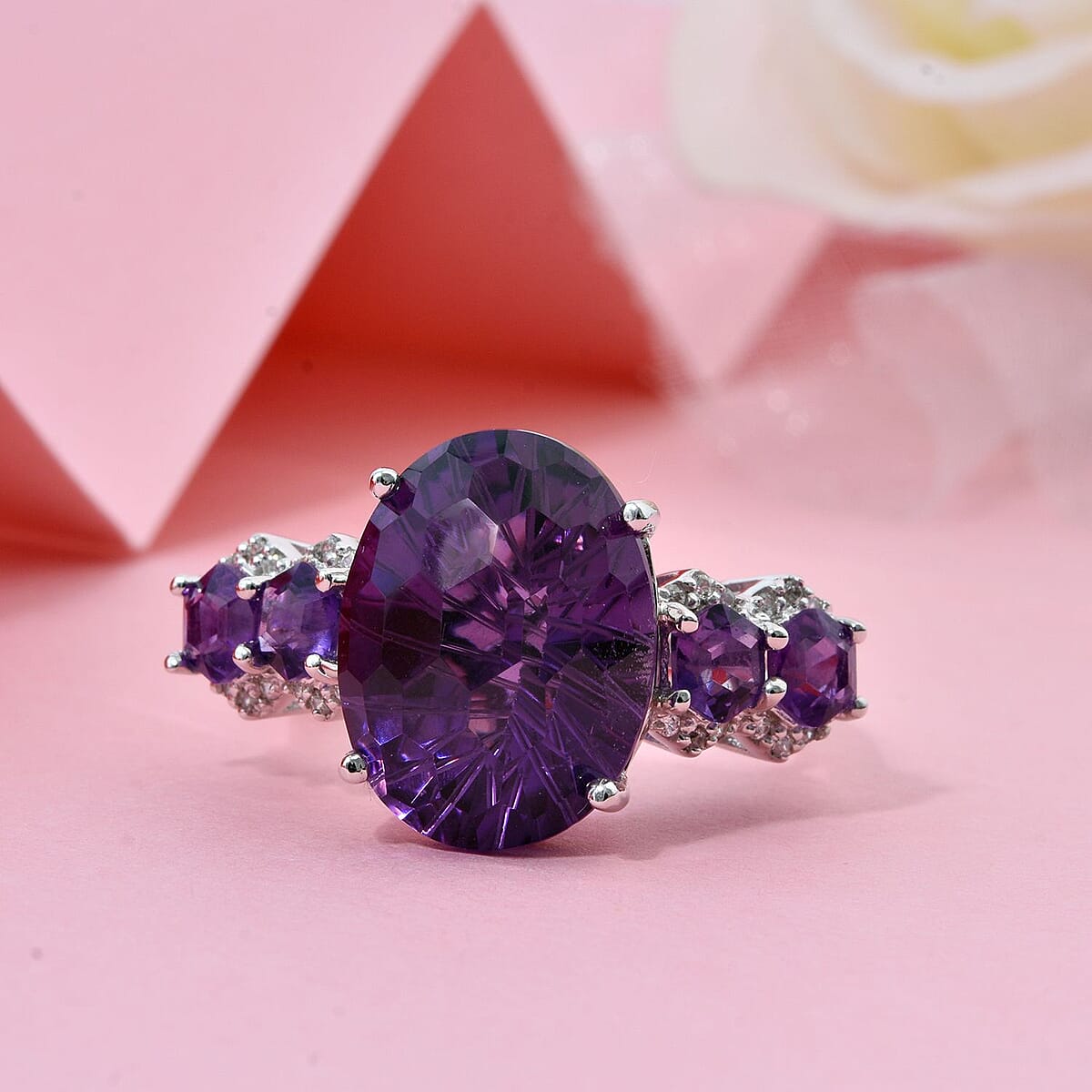 Honeycomb Cut African Amethyst and White Zircon 11.40 ctw Baroque Ring in Rhodium Over Sterling Silver (Size 11.0) image number 1