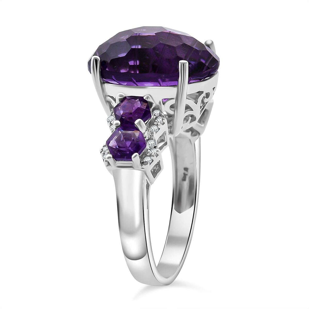 Honeycomb Cut African Amethyst and White Zircon 11.40 ctw Baroque Ring in Rhodium Over Sterling Silver (Size 11.0) image number 3