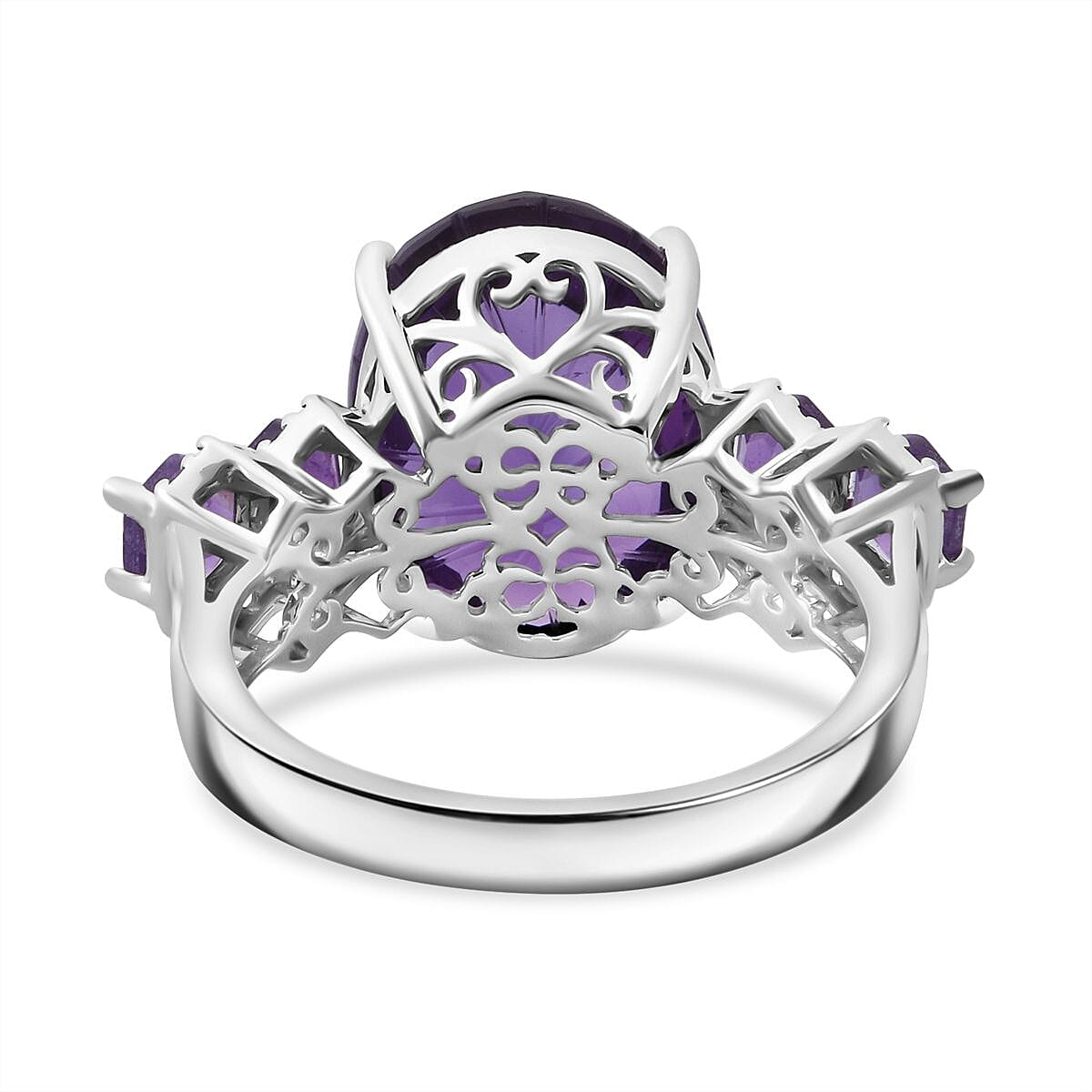 Honeycomb Cut African Amethyst and White Zircon 11.40 ctw Baroque Ring in Rhodium Over Sterling Silver (Size 11.0) image number 4
