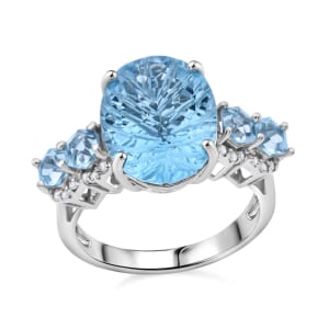 Honeycomb Cut Sky Blue Topaz and White Zircon 11.40 ctw Baroque Ring in Rhodium Over Sterling Silver (Size 10.0)