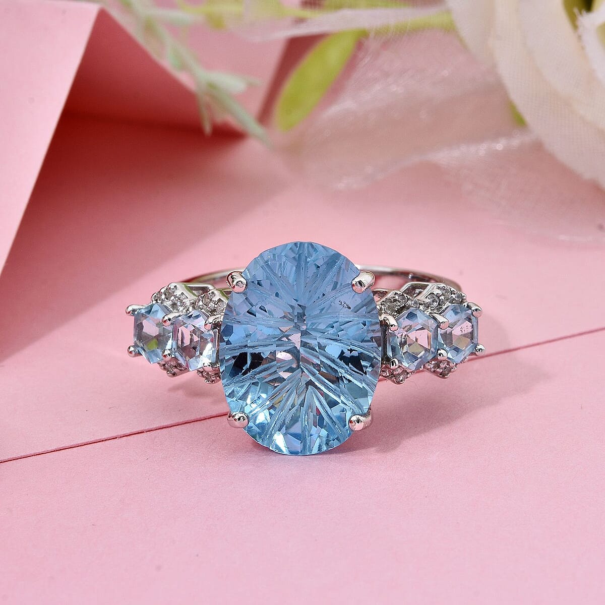 Honeycomb Cut Sky Blue Topaz and White Zircon 11.40 ctw Baroque Ring in Rhodium Over Sterling Silver (Size 11.0) image number 1