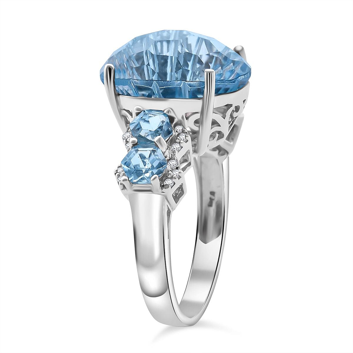 Honeycomb Cut Sky Blue Topaz and White Zircon 11.40 ctw Baroque Ring in Rhodium Over Sterling Silver (Size 11.0) image number 2