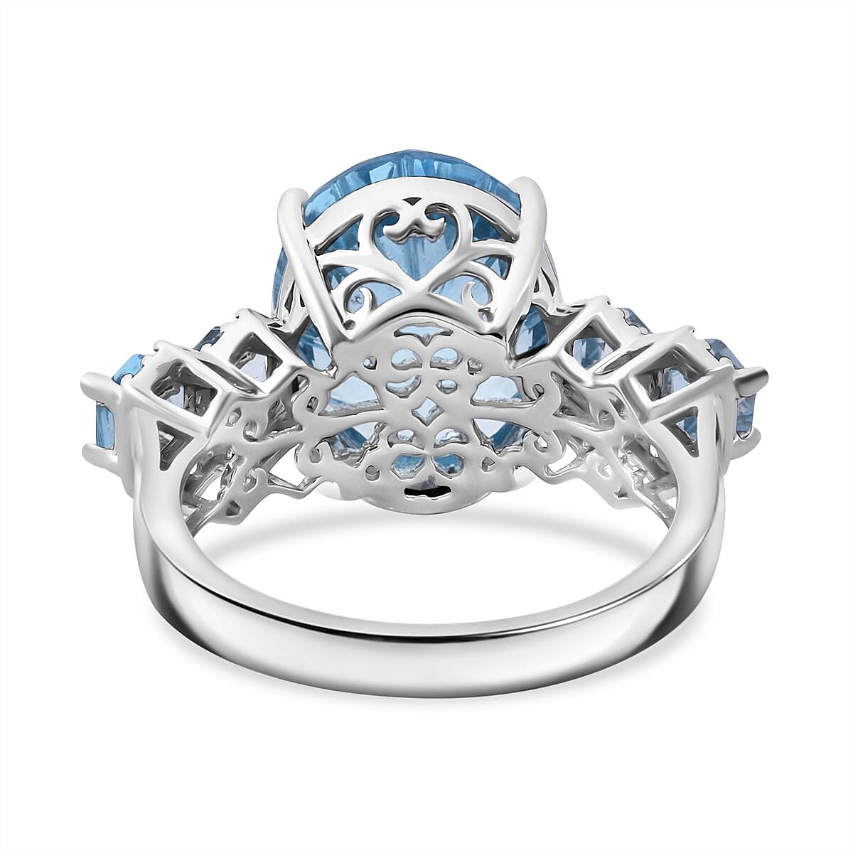 Honeycomb Cut Sky Blue Topaz and White Zircon 11.40 ctw Baroque Ring in Rhodium Over Sterling Silver (Size 11.0) image number 3