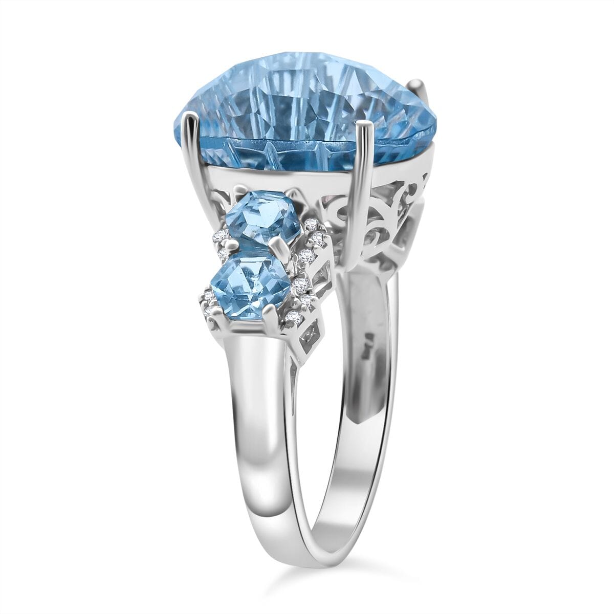 Honeycomb Cut Sky Blue Topaz and White Zircon 11.40 ctw Baroque Ring in Rhodium Over Sterling Silver (Size 8.0) image number 3