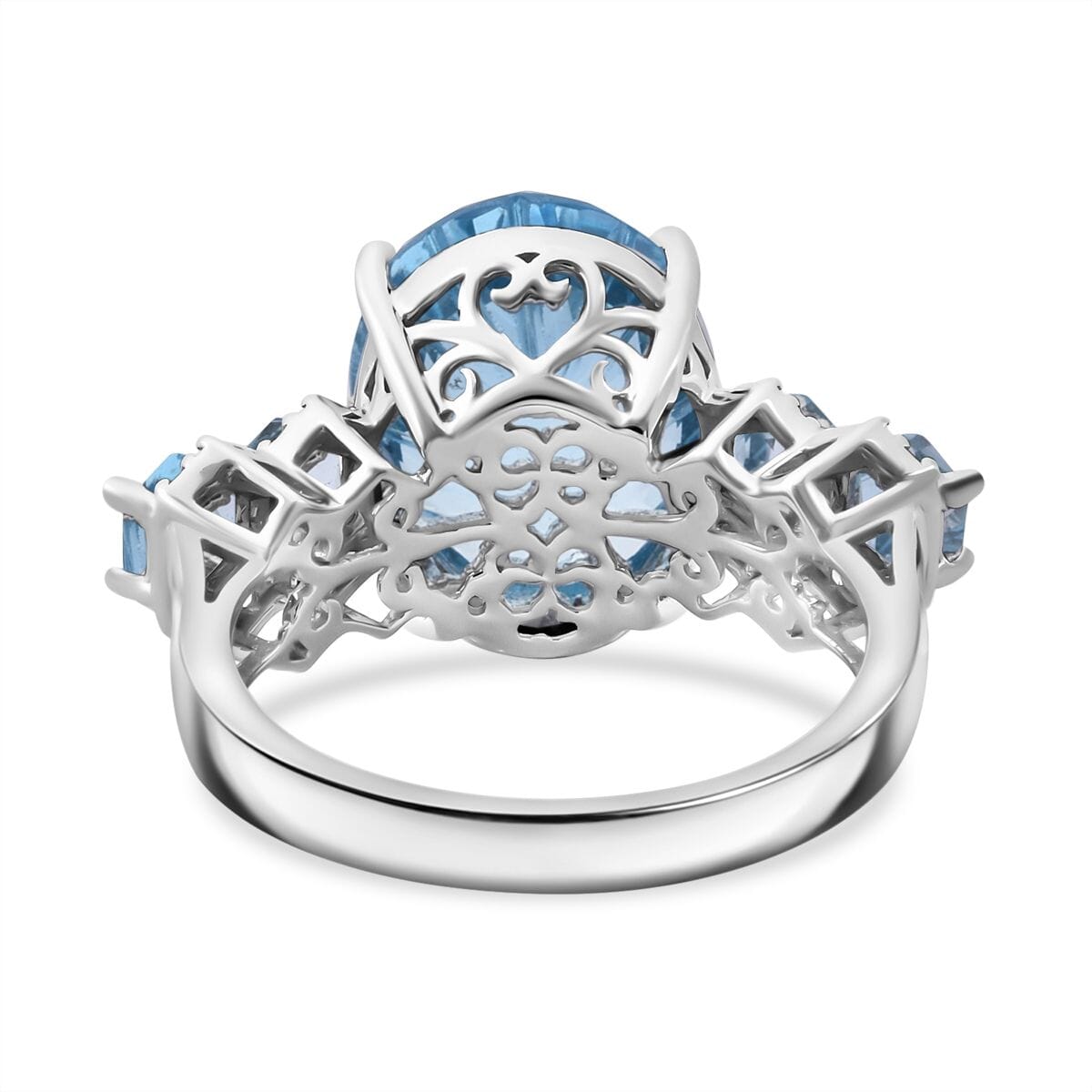 Honeycomb Cut Sky Blue Topaz and White Zircon 11.40 ctw Baroque Ring in Rhodium Over Sterling Silver (Size 8.0) image number 4