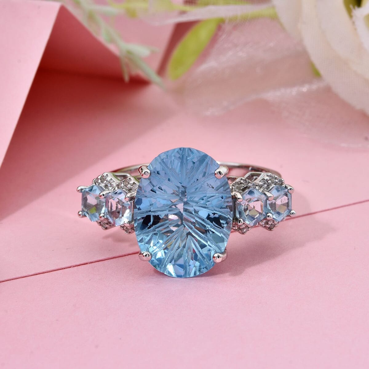 Honeycomb Cut Sky Blue Topaz, White Zircon Baroque 11.40 ctw Ring in Rhodium Over Sterling Silver (Size 9.0) image number 1