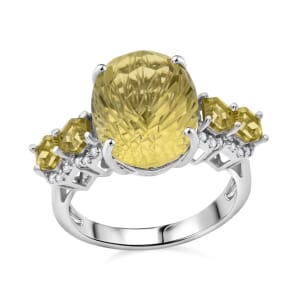 Honeycomb Cut Green Gold Quartz and White Zircon 11.40 ctw Baroque Ring in Rhodium Over Sterling Silver (Size 10.0)