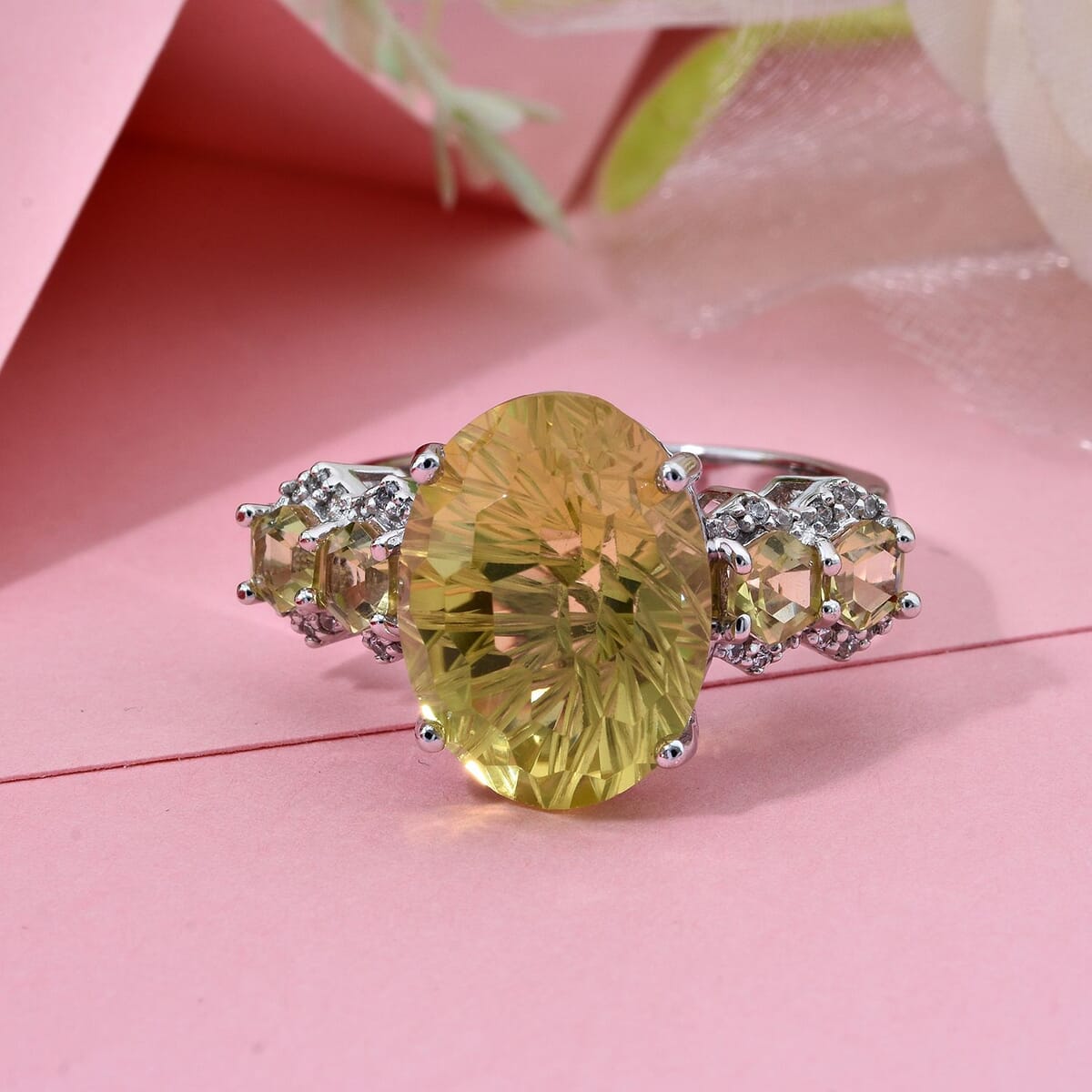 Honeycomb Cut Green Gold Quartz and White Zircon 11.40 ctw Baroque Ring in Rhodium Over Sterling Silver (Size 8.0) image number 1