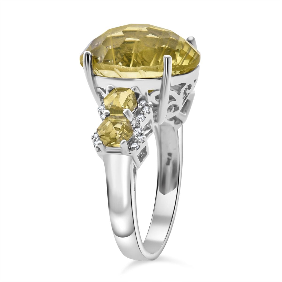 Honeycomb Cut Green Gold Quartz and White Zircon 11.40 ctw Baroque Ring in Rhodium Over Sterling Silver (Size 8.0) image number 3