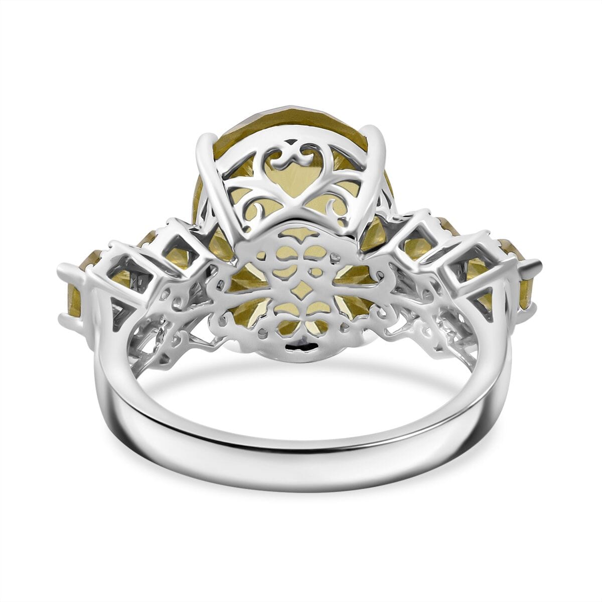 Honeycomb Cut Green Gold Quartz and White Zircon 11.40 ctw Baroque Ring in Rhodium Over Sterling Silver (Size 8.0) image number 4
