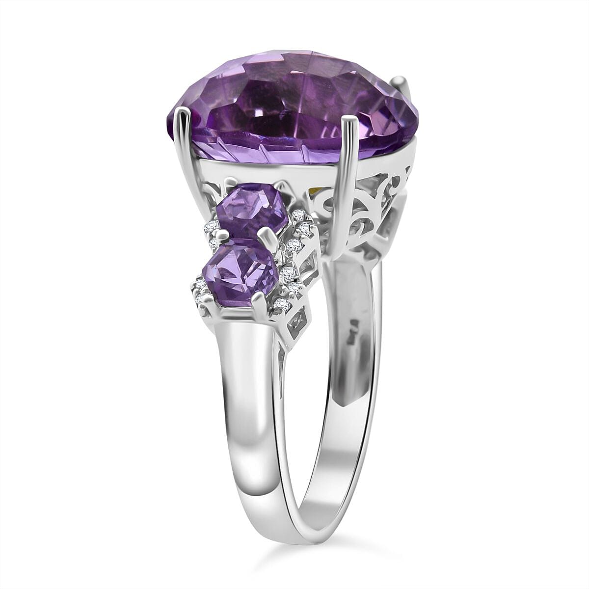 Honeycomb Cut Rose De France Amethyst and White Zircon 11.40 ctw Baroque Ring in Rhodium Over Sterling Silver (Size 10.0) image number 1